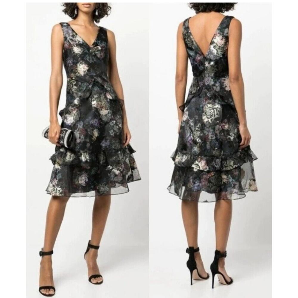 Marchesa Notte V-neck Floral-print Ruffle-tiered Dress In Black Size 8 NEW